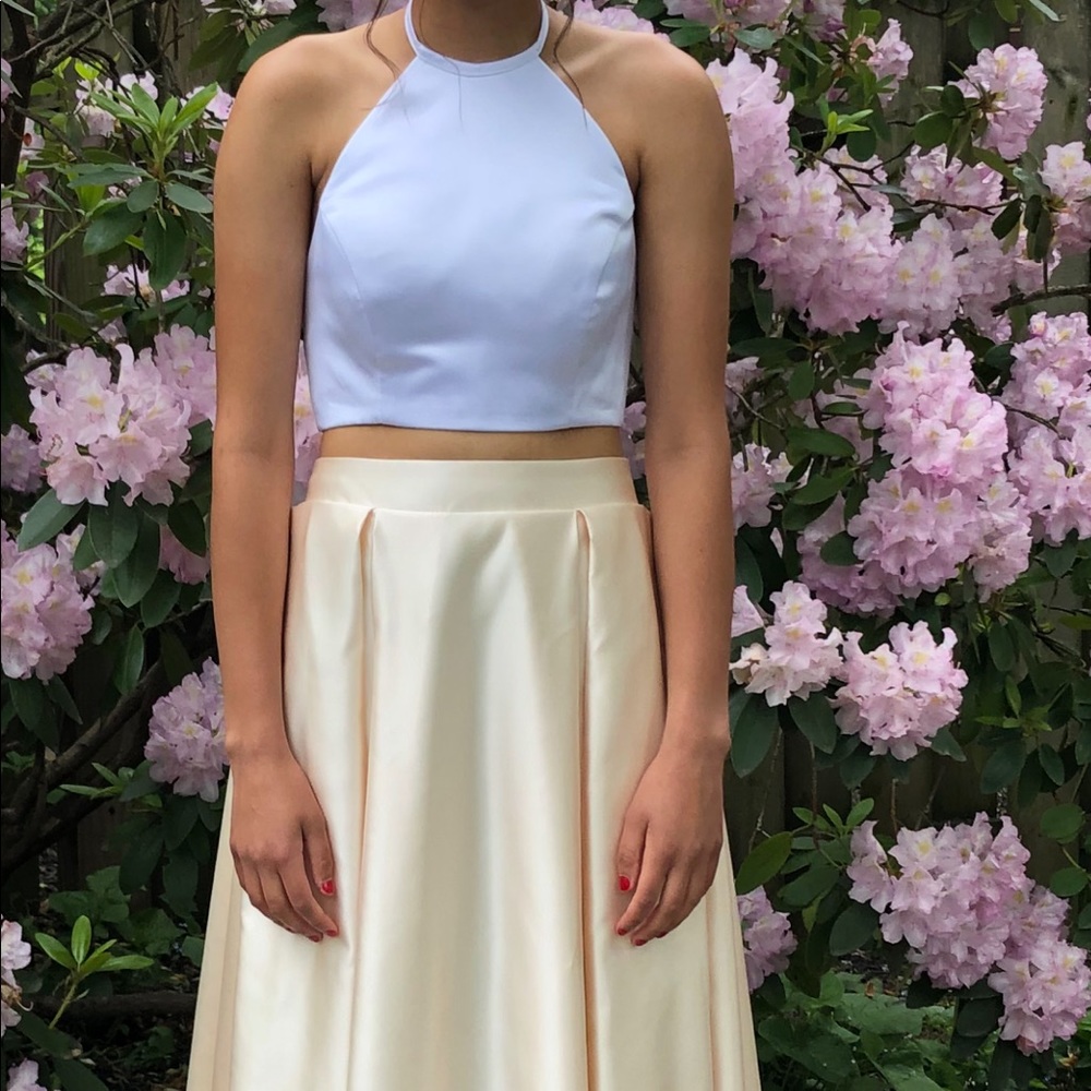 Cream and yellow two piece prom dress
